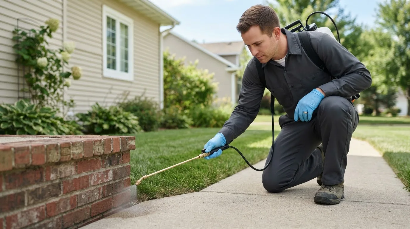 Pest control technician treating a home near Bakersfield, MO